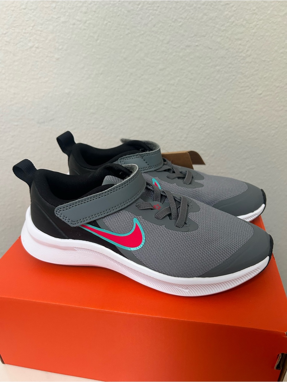 Nike Kids Grey and Pink-Teal Swoosh Athletic Sneakers